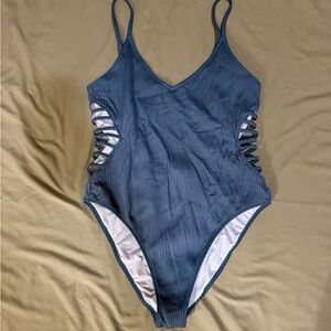 Blue Ribbed One-Piece Swimsuit with Side Cutouts
